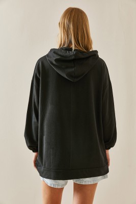 Siyah Kanguru Cepli Oversize Kapüşonlü Sweatshirt 3YXK8-47461-02 - 4