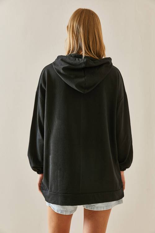 Siyah Kanguru Cepli Oversize Kapüşonlü Sweatshirt 3YXK8-47461-02 - 4