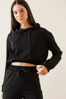 Siyah Kapüşonlu Crop Sweatshirt 5KXK8-48964-02 - 6