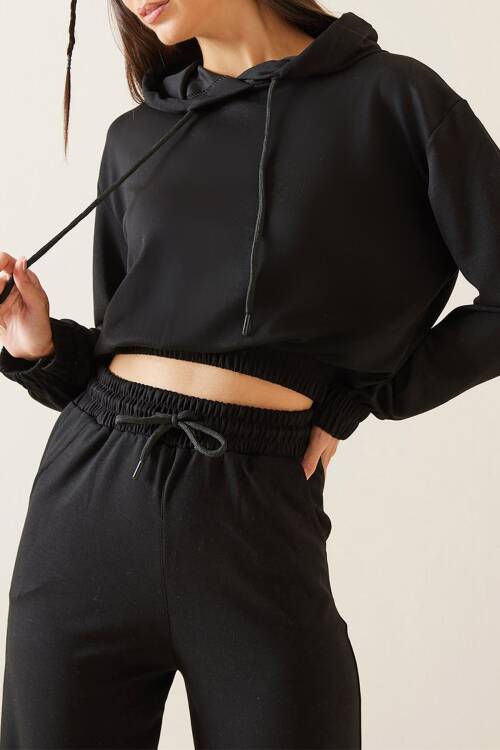 Siyah Kapüşonlu Crop Sweatshirt 5KXK8-48964-02 - 1