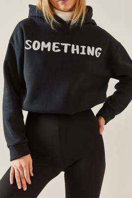 Siyah Kapüşonlü & Yazılı Crop Sweatshirt 4KXK8-47744-02 