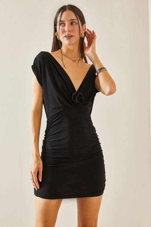 Siyah Kruvaze Yaka Gül Detaylı Drapeli Elbise 5YXK6-48425-02 - 6