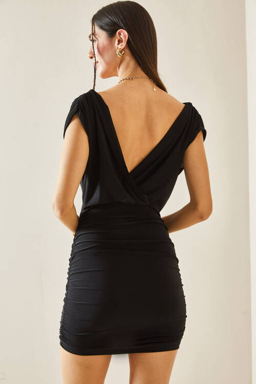 Siyah Kruvaze Yaka Gül Detaylı Drapeli Elbise 5YXK6-48425-02 - 8
