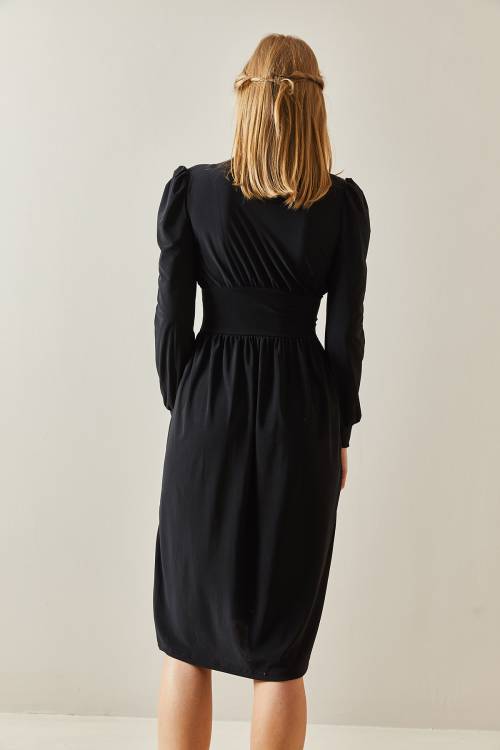 Siyah Kruvaze Yaka Yırtmaçlı Düğmeli Midi Elbise 4KXK6-47917-02 - 5