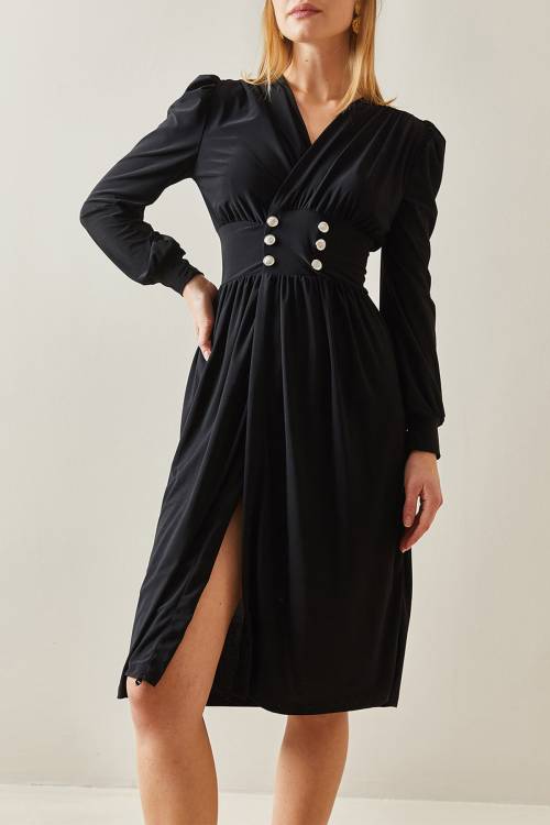 Siyah Kruvaze Yaka Yırtmaçlı Düğmeli Midi Elbise 4KXK6-47917-02 - 1