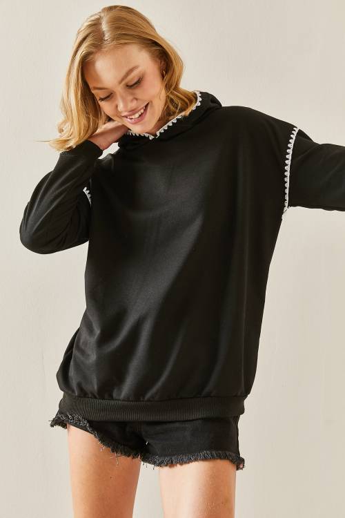 Siyah Nakış Detaylı Kapüşonlü Sweatshirt 3YXK8-47510-02 - 5