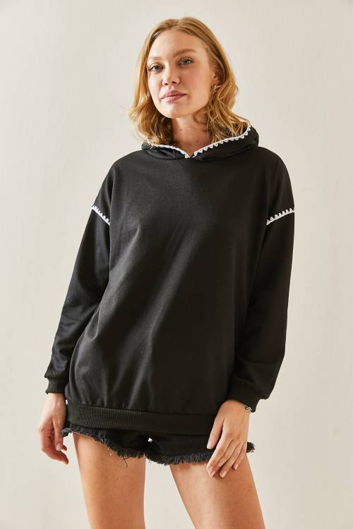 Siyah Nakış Detaylı Kapüşonlü Sweatshirt 3YXK8-47510-02 - 4