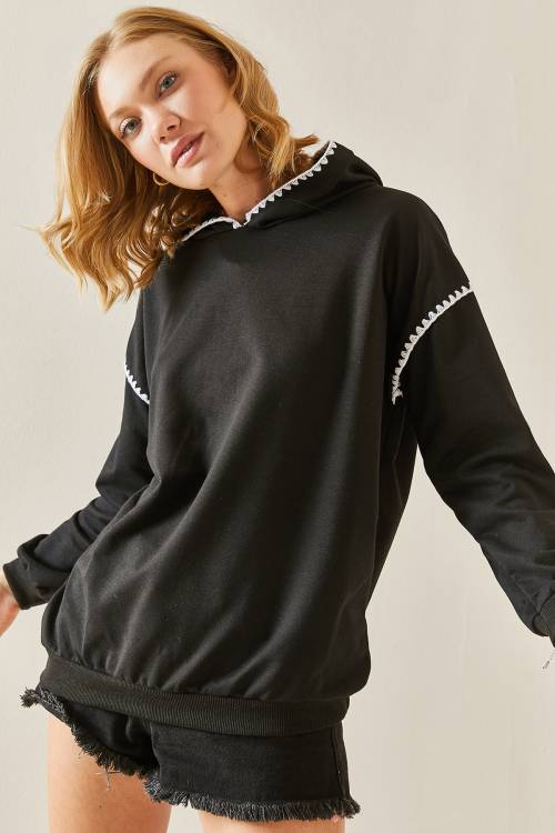 Siyah Nakış Detaylı Kapüşonlü Sweatshirt 3YXK8-47510-02 - 6