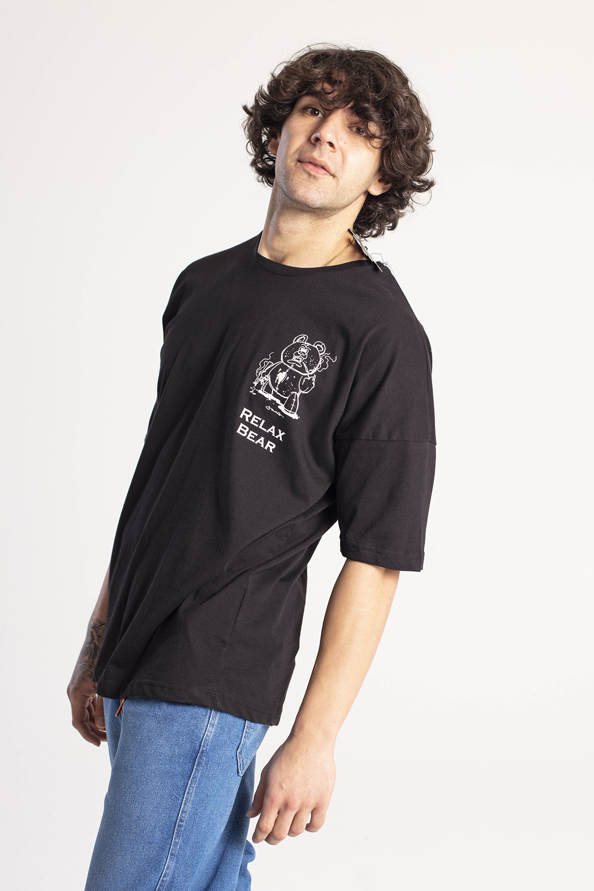 Siyah Önü & Arkası Baskılı Oversize Tişört 1KXE1-44661-02 - 4