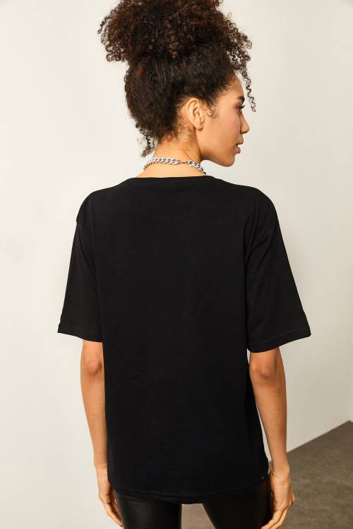 Siyah Önü Baskılı Oversize Basic Tişört 2YXK1-46119-02 - 7