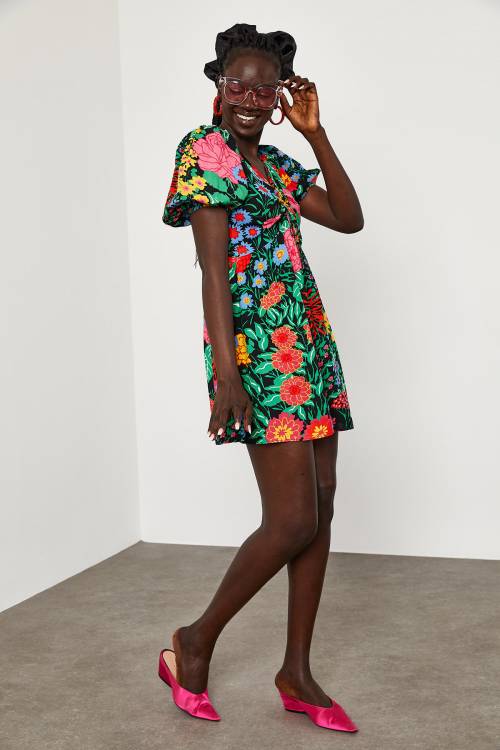 Siyah Önü Büzgülü Çiçek Desenli Karpuz Kol Elbise 1YXK6-45070-02 - 2