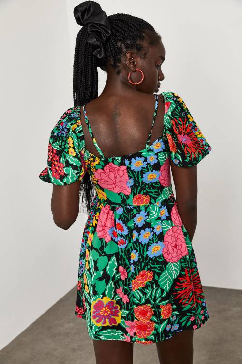 Siyah Önü Büzgülü Çiçek Desenli Karpuz Kol Elbise 1YXK6-45070-02 - 8