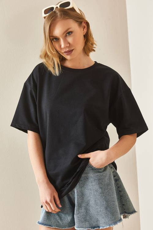 Siyah Oversize Basic Tişört 3YXK1-47087-02 - 4