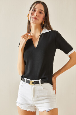 Siyah Polo Yaka Crop T-Shirt 5YXK2-48436-02 - 2