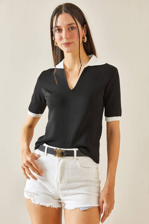 Siyah Polo Yaka Crop T-Shirt 5YXK2-48436-02 - 3