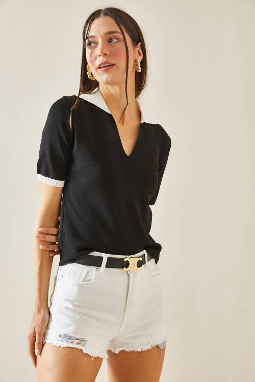 Siyah Polo Yaka Crop T-Shirt 5YXK2-48436-02 - 4