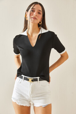 Siyah Polo Yaka Crop T-Shirt 5YXK2-48436-02 - 5