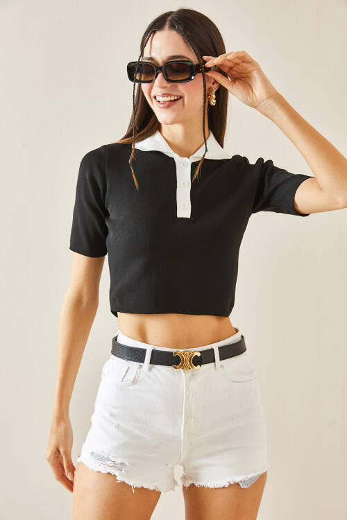 Siyah Polo Yaka Düğmeli Crop T-Shirt 5YXK2-48437-02 - 4