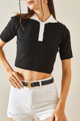 Siyah Polo Yaka Düğmeli Crop T-Shirt 5YXK2-48437-02 - 1