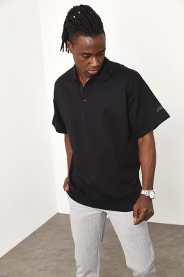 Siyah Polo Yaka Oversize Tişört 1YXE1-44943-02 