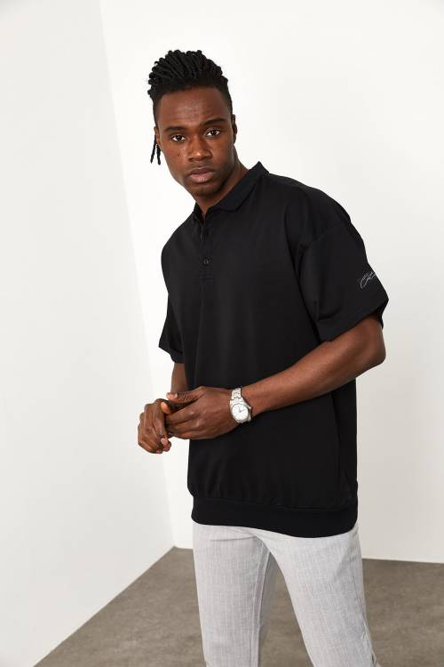 Siyah Polo Yaka Oversize Tişört 1YXE1-44943-02 - 5