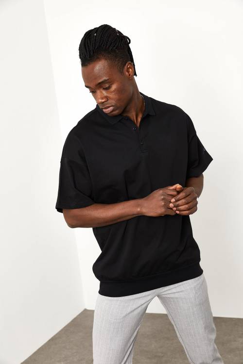 Siyah Polo Yaka Oversize Tişört 1YXE1-44943-02 - 6