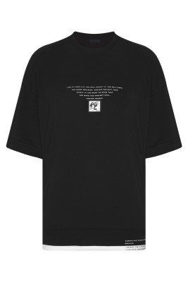 Siyah Ribana Detaylı Oversize Tişört 2YXE2-45950-02 - XHAN