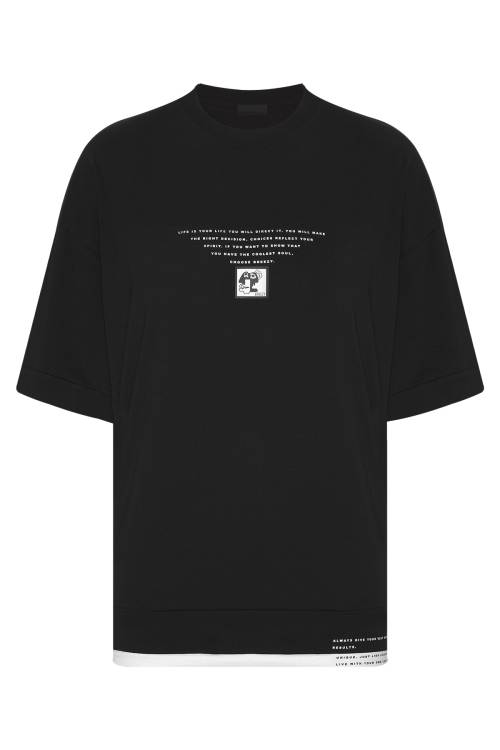 Siyah Ribana Detaylı Oversize Tişört 2YXE2-45950-02 - 1