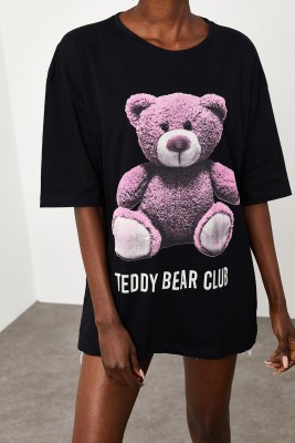 Siyah Teddy Bear Baskılı Salaş Tişört 2KXK1-45433-02 