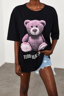 Siyah Teddy Bear Baskılı Salaş Tişört 2KXK1-45433-02 - 2