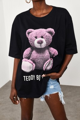 Siyah Teddy Bear Baskılı Salaş Tişört 2KXK1-45433-02 - 4