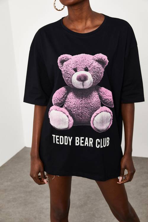 Siyah Teddy Bear Baskılı Salaş Tişört 2KXK1-45433-02 - 5