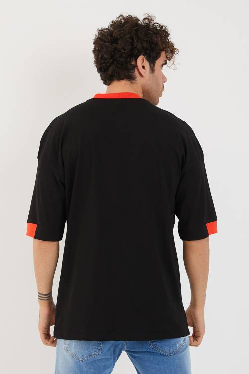 Siyah Yakası & Kolu Garnili Baskılı Oversize Tişört 1YXE1-44880-02 - 7