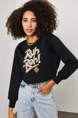 Siyah Yazı Detaylı Crop Sweatshirt 3KXK8-46739-02 