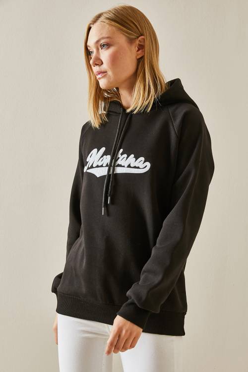 Siyah Yazı Detaylı Şardonlu Kapüşonlü Sweatshirt 4KXK8-47594-02 - 3