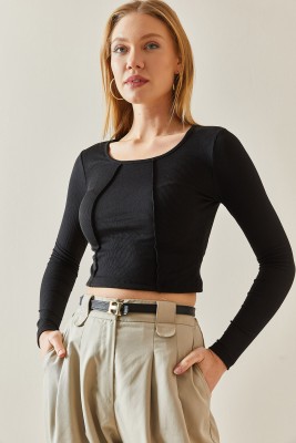 Siyah Yuvarlak Yaka Kaşkorse Crop Basic Bluz 4KXK2-47888-02 