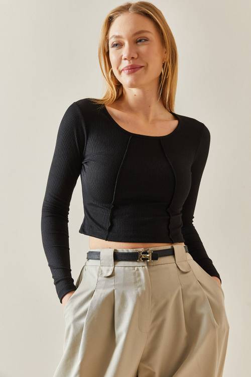 Siyah Yuvarlak Yaka Kaşkorse Crop Basic Bluz 4KXK2-47888-02 - 3