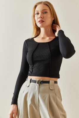 Siyah Yuvarlak Yaka Kaşkorse Crop Basic Bluz 4KXK2-47888-02 - 4