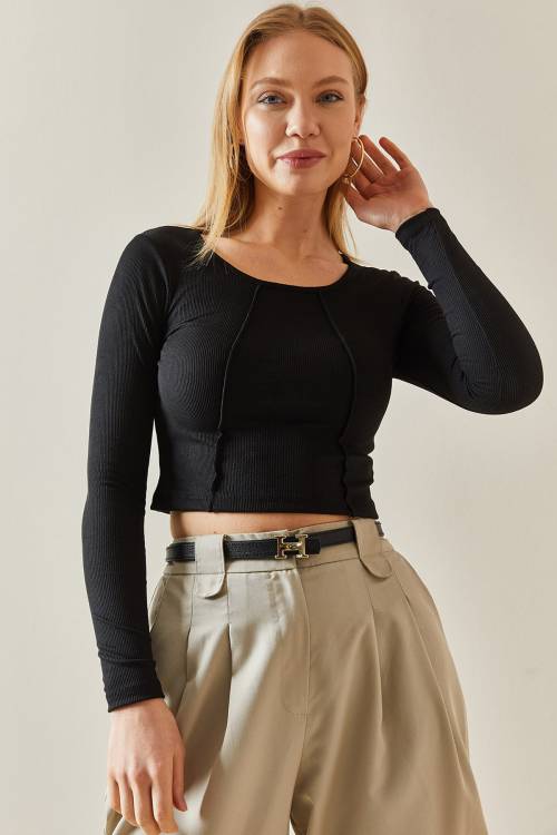 Siyah Yuvarlak Yaka Kaşkorse Crop Basic Bluz 4KXK2-47888-02 - 5