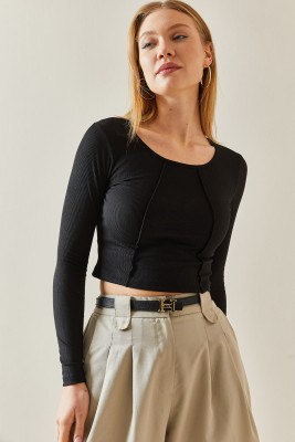 Siyah Yuvarlak Yaka Kaşkorse Crop Basic Bluz 4KXK2-47888-02 - 6