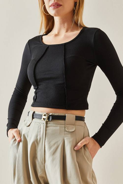 Siyah Yuvarlak Yaka Kaşkorse Crop Basic Bluz 4KXK2-47888-02 - 2