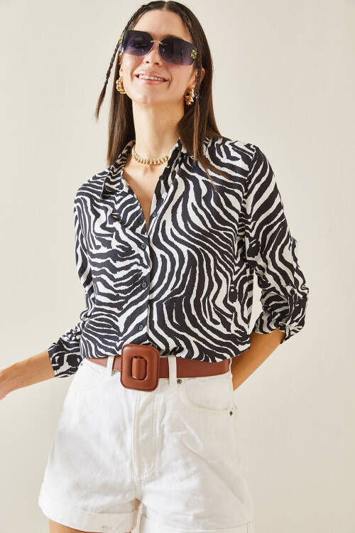 Siyah Zebra Desen Polo Yaka Gömlek 5YXK2-48824-02 - 6