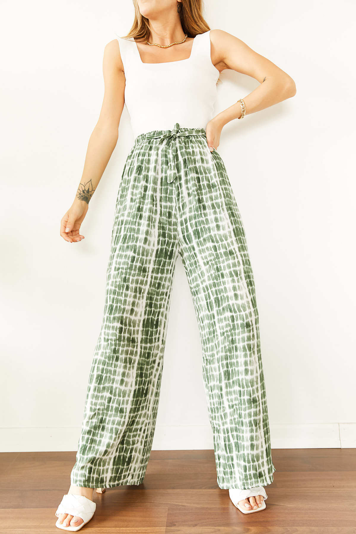 Su Yeşili Beli Lastikli Batik Desen Dokuma Pantolon 0YXK5-43891-38 