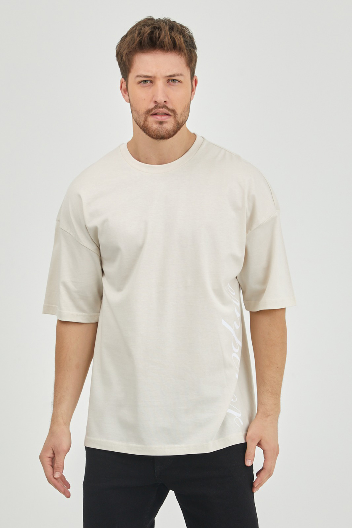 Taş Rengi Arkası Baskılı Oversize Tişört 1KXE1-44652-56 - 2