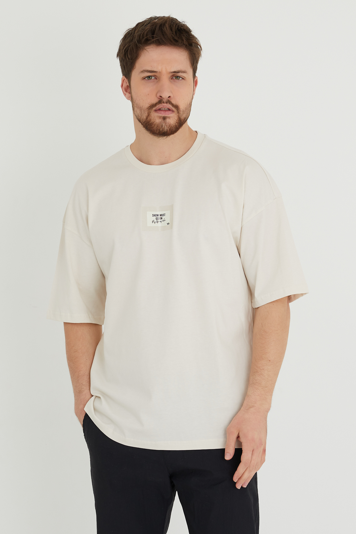 Taş Rengi Baskılı Oversize Tişört 1KXE1-44634-56 - 1