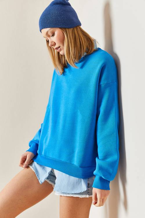 Turkuaz Bisiklet Yaka Şardonlu Oversize Sweatshirt 4KXK8-47743-13 - 2