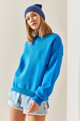 Turkuaz Bisiklet Yaka Şardonlu Oversize Sweatshirt 4KXK8-47743-13 - 3