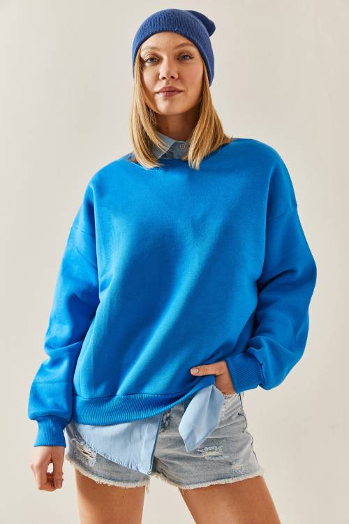 Turkuaz Bisiklet Yaka Şardonlu Oversize Sweatshirt 4KXK8-47743-13 - 5