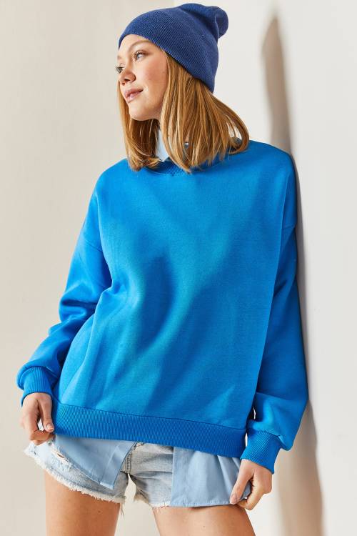 Turkuaz Bisiklet Yaka Şardonlu Oversize Sweatshirt 4KXK8-47743-13 - 6