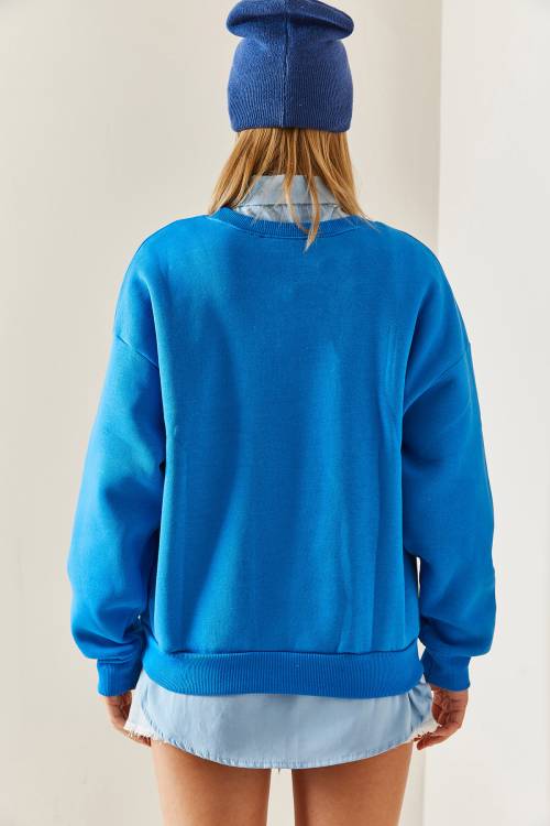 Turkuaz Bisiklet Yaka Şardonlu Oversize Sweatshirt 4KXK8-47743-13 - 8